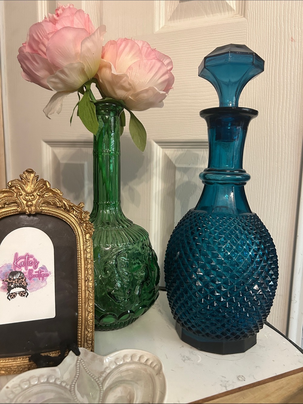 Vtg. Empoli Blue Diamond Point Genie Style Decanter with Lid 12"